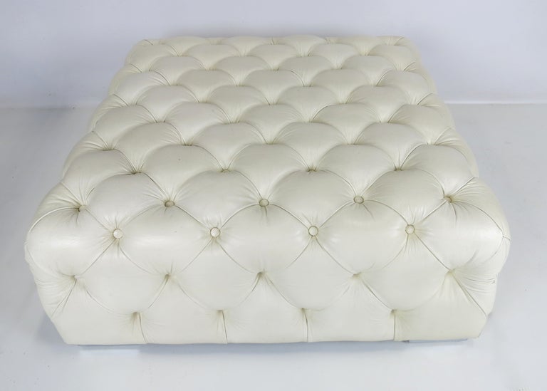 American Large Tufted Leather Ottoman On Chrome Feet
