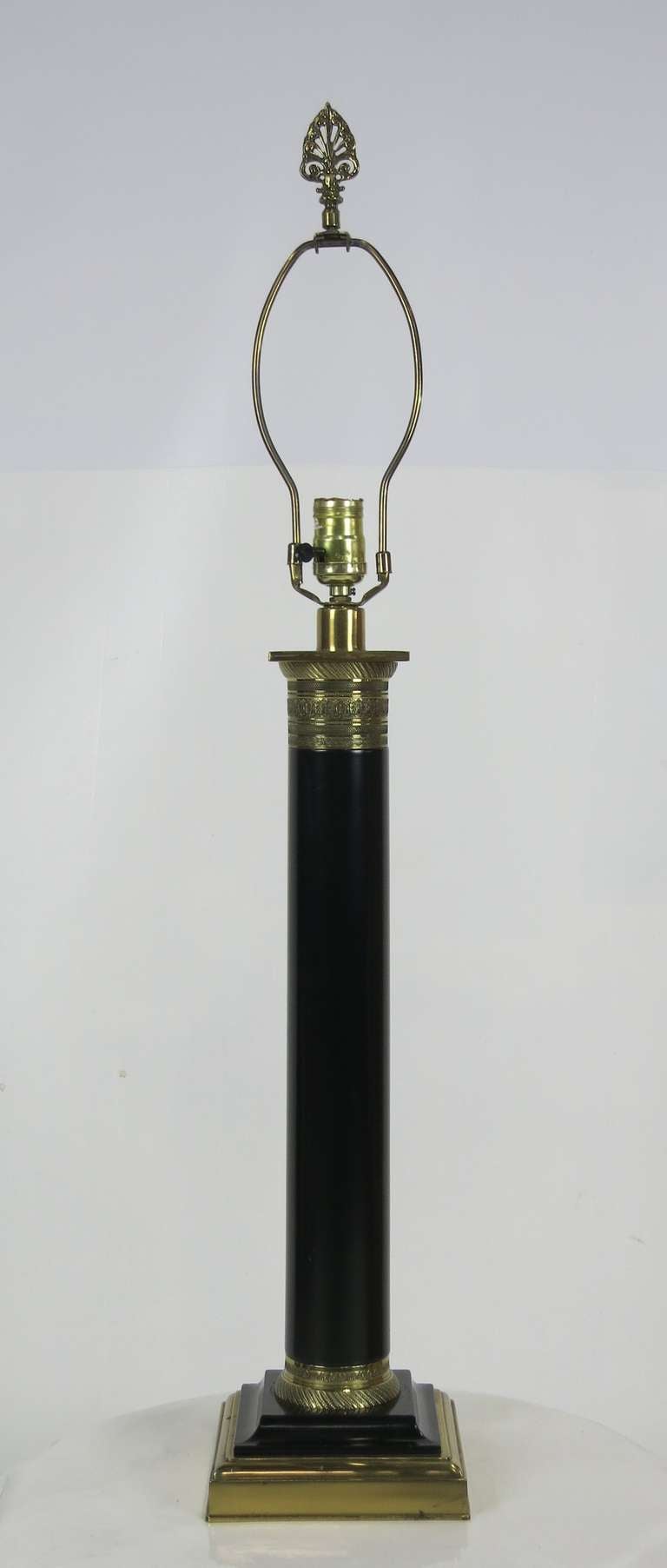 Beautiful Classic Doric Column form lamp with Hand Chased Brass Mounts by Paul Hanson.  Shade is for display only and is not included with lamp.  