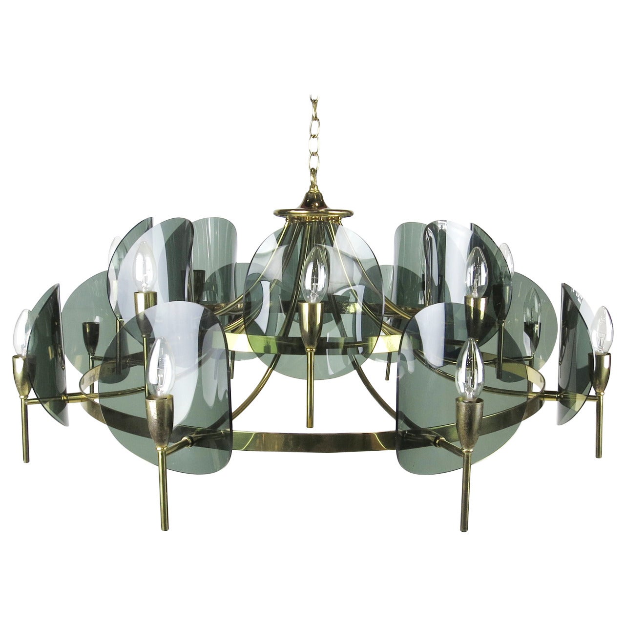 Large Brass and Smoked Lucite Chandelier