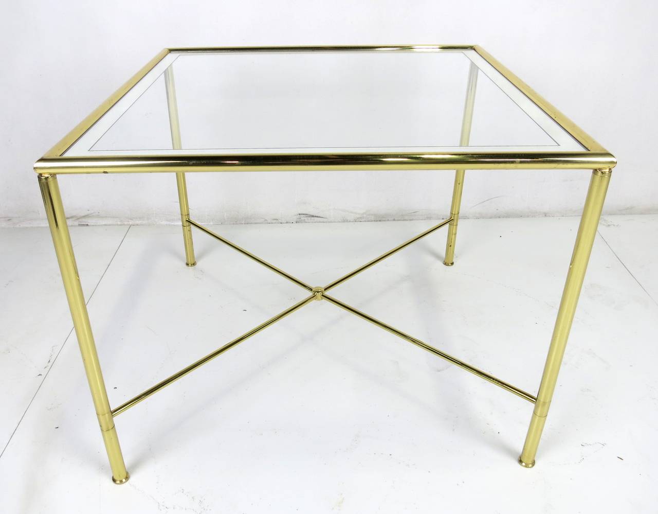 Solid Brass Italian Modern Side Table with Mirrored border Glass top.