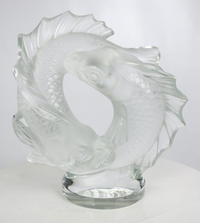 Cast and frosted large cast glass sculpture of two intertwined Koi fish by Lalique, France.  