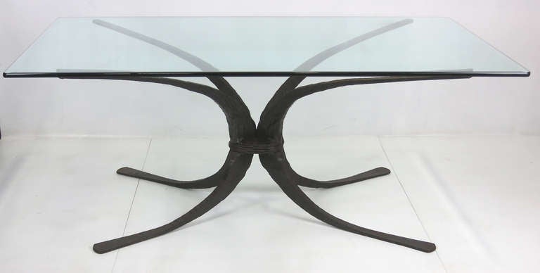 Brutalist Forged Iron Dining Table or Desk by Sculptor/Blacksmith 
Stephen Bondi of the renowned Bondi Metals.  This large sculptural base can easily support a glass top up to 96' x 48 or larger.  

Dimensions-

Base- 59.5 x 37.5 x