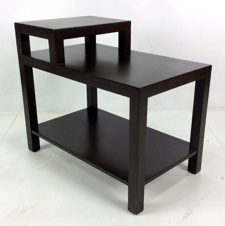 Pair of Classic Tiered Side or End Tables by T.H. Robsjohn-Gibbings for Widdicomb.  Refinished in open-grain Dark Brown Lacquer.