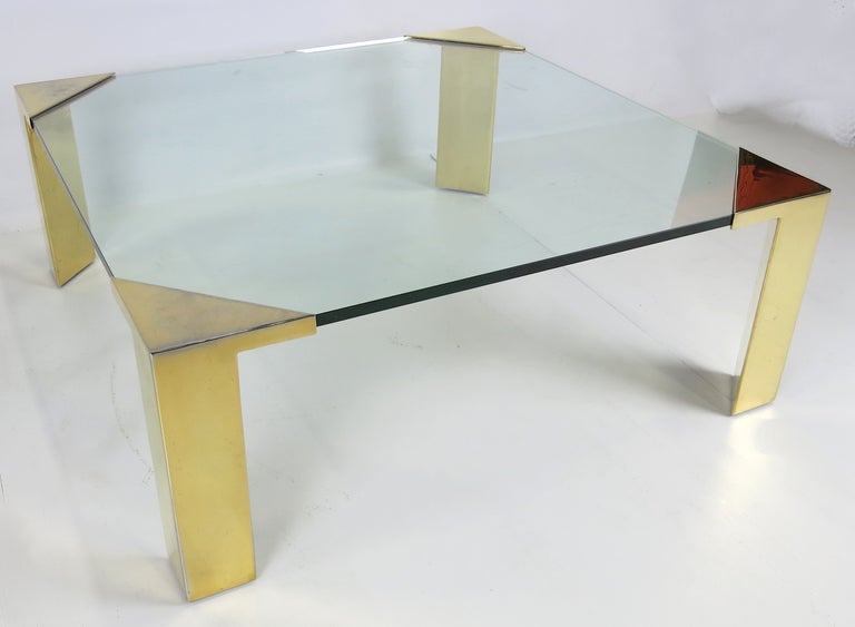 American Large Brass Cornered Cocktail Table For Sale