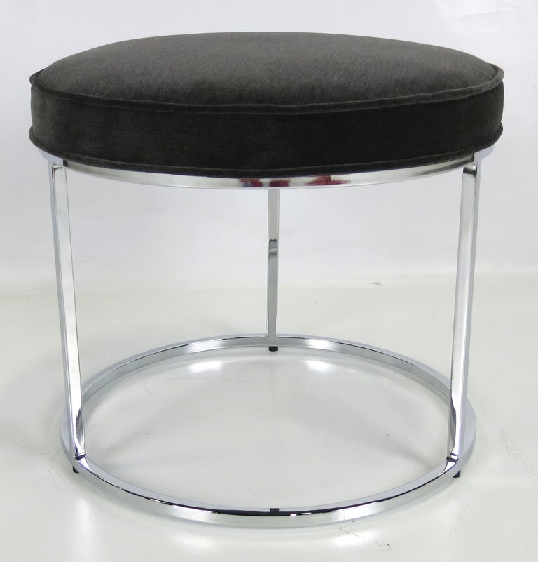 Pair of round Chrome frame Stools by Milo Baughman for Thayer Coggin, freshly reupholstered in Charcoal Grey Mohair velvet.