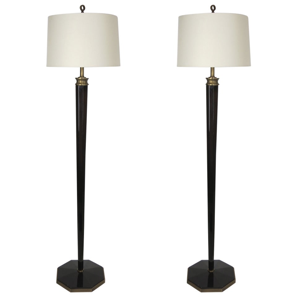 Pair of Italian Lacquer and Brass Floor Lamps