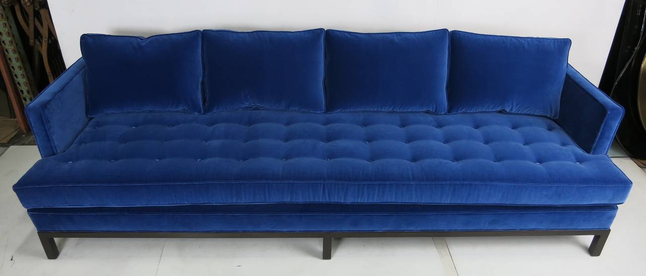 Modern Harvey Probber Shelter Style Sofa in Cerulean Blue Velvet