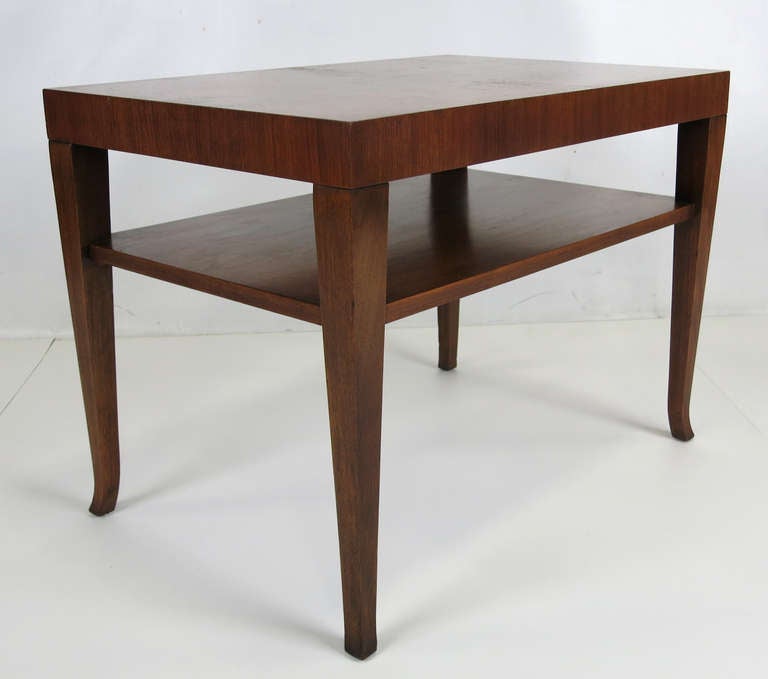 Matching pair of Classic Walnut Side Table with inlayed top and trademark splayed feet by T.H. Robsjohn-Gibbings for Widdicomb.  The tables have been meticulously restored and refinished to Mint condition.