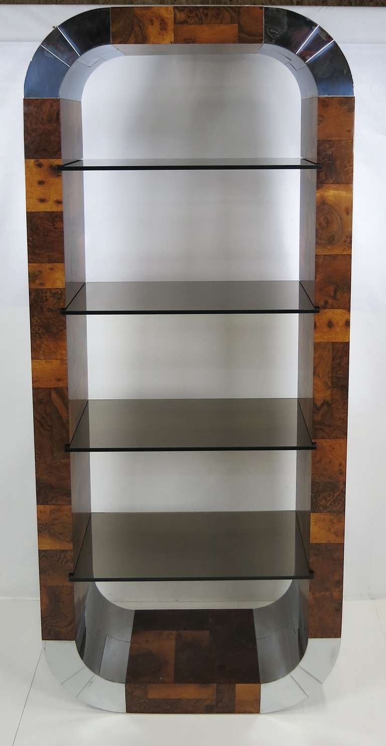 Spectacular Burl & Chrome Cityscape patchwork Etagere by Paul Evans for Directional.  Four smoked glass shelves.