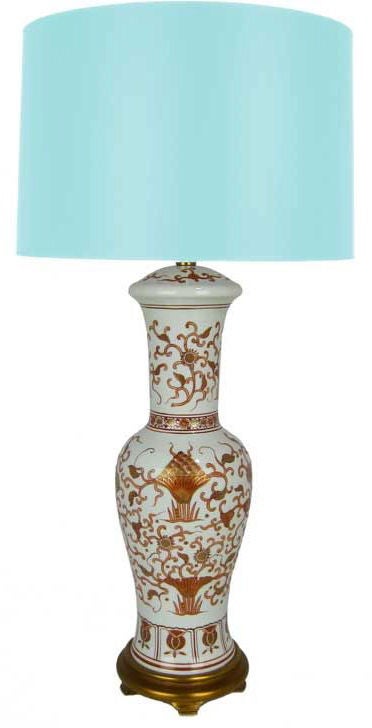 Fantastic Italian Porcelain Urns in the Oriental style mounted on gilt wood bases with solid brass double cluster sockets by Marbro.  Shades are for display only and are not included with lamps.  