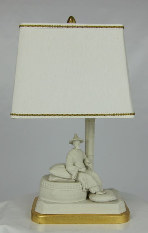 Beautifully detailed unglazed white bisque figure mounted as a table lamp by Marbro.<br />
<br />
<br />
<br />
<br />
Keywords; Sevres, Nymphenburg, Chinoiserie