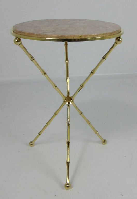Fantastic pair of Tripod side tables with inset Marble tops. The bamboo form 