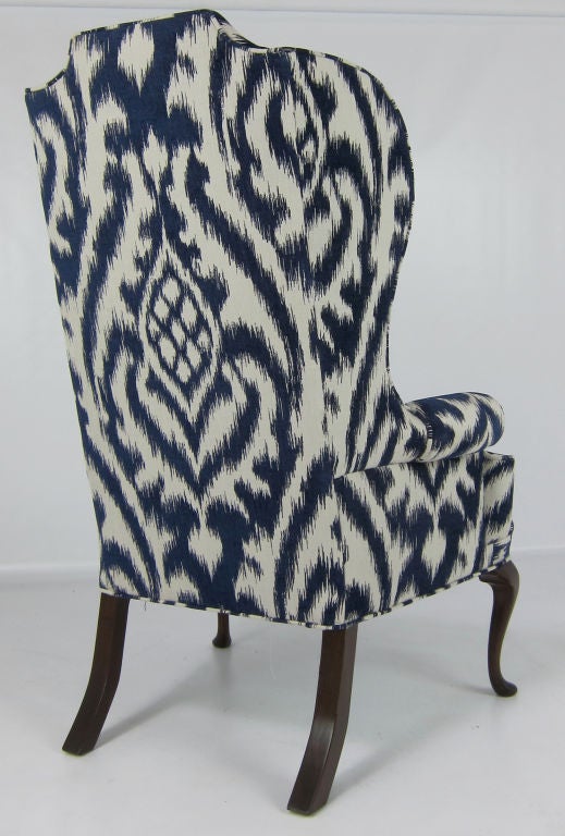 American Pair of High Back Wing Chairs upholstered in Woven Ikat