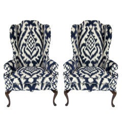 Pair of High Back Wing Chairs upholstered in Woven Ikat