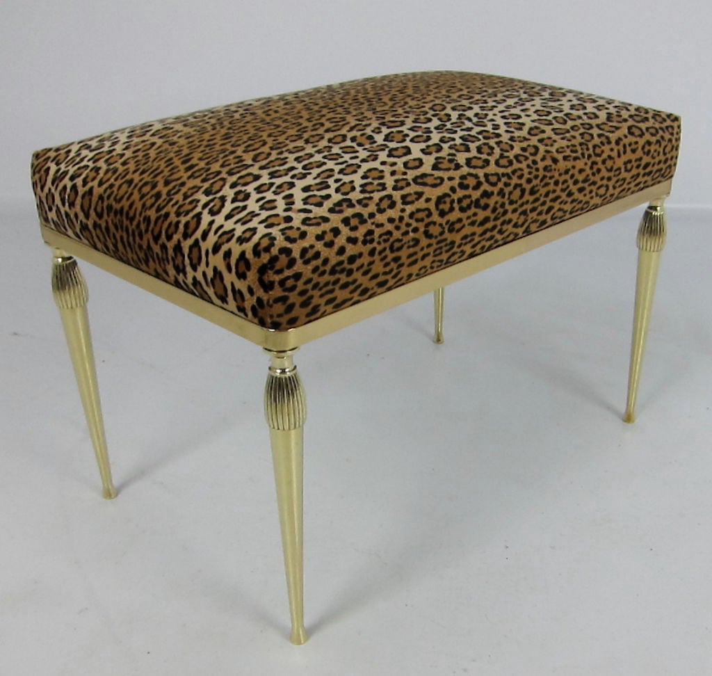 Gorgeous Brass Bench with Leopard print velvet upholstery.  The frame has been freshly polished and lacquered and the upholstery is new.