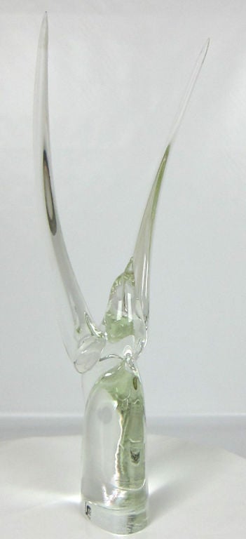 Large Clear Murano Glass Stylized Bird sculpture with wings raised, ready to take flight.