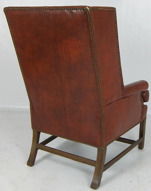 Modern Pair of Leather Wing Chairs with Nailhead Trim