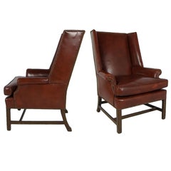 Pair of Leather Wing Chairs with Nailhead Trim
