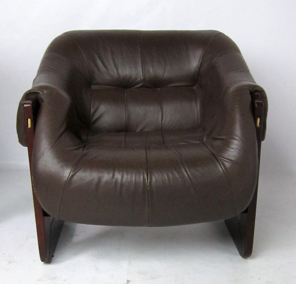 Brazilian Pair of Rosewood and Leather Lounge Chairs by Percival Lafer