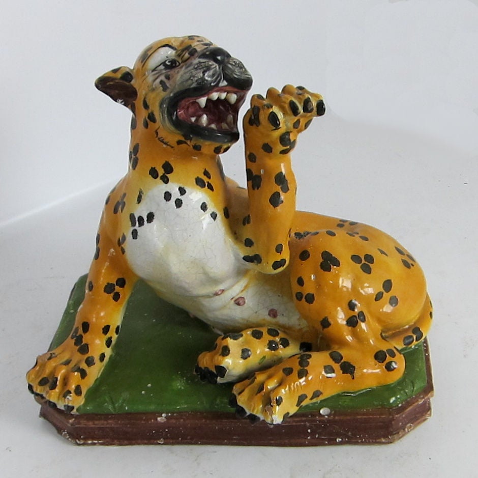 Whimsical pair of MidCentury Glazed Earthenware figures of lifesize Leopard or Cheetah Cubs resting on pillows.