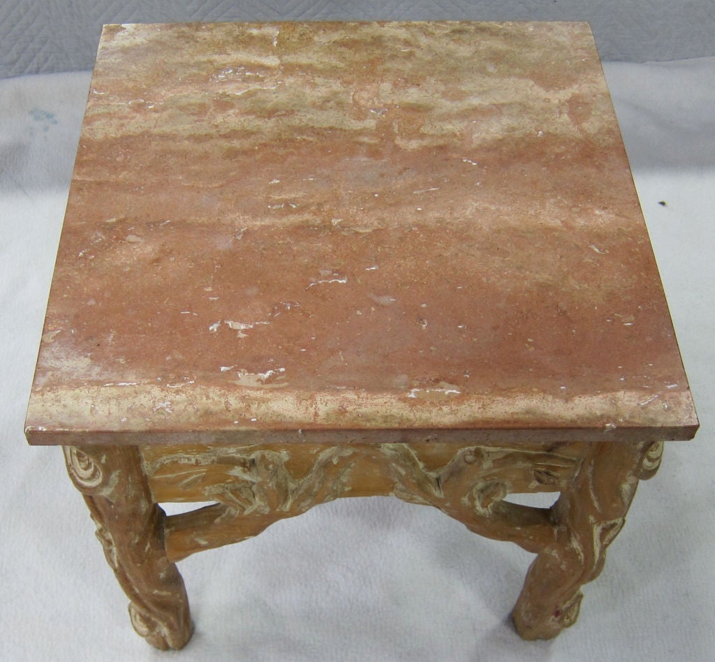 Italian Pair of Cerused Faux Bois Side Tables with Marble Tops