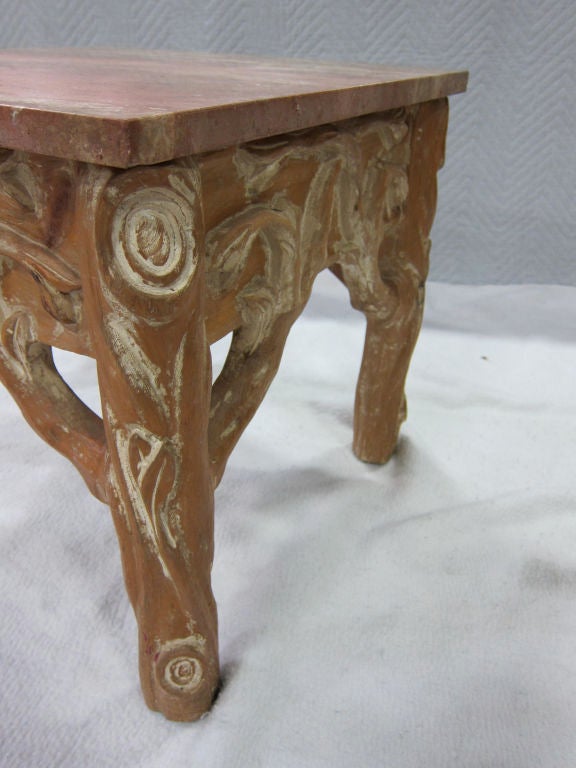Late 20th Century Pair of Cerused Faux Bois Side Tables with Marble Tops