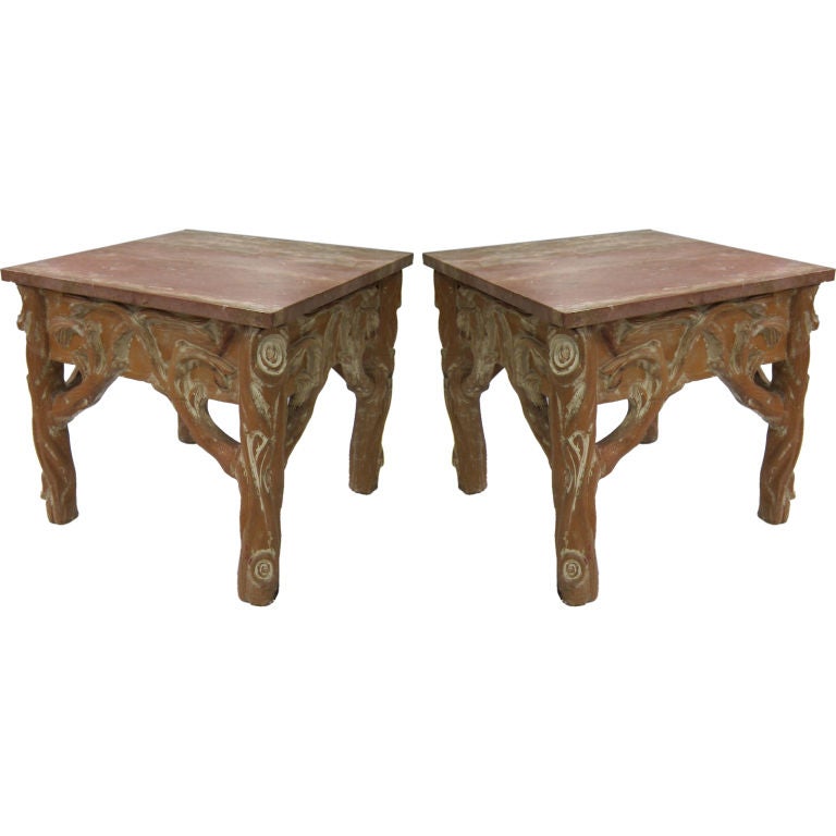 Pair of Cerused Faux Bois Side Tables with Marble Tops