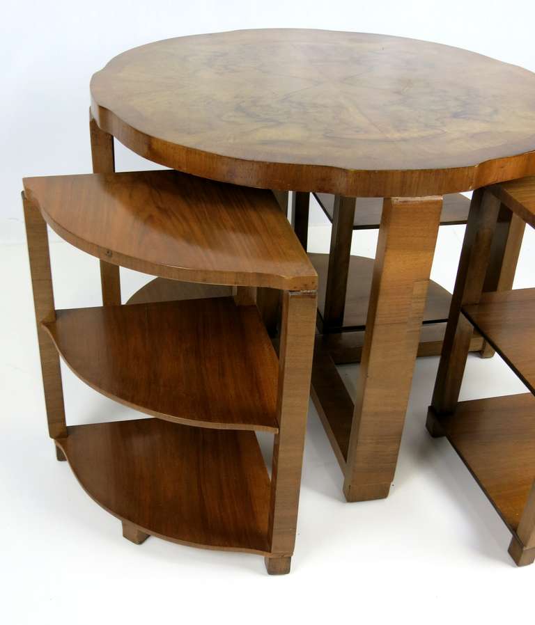 Mid-20th Century French Deco Olive Burl Coffee Table with Four Nesting Drinks Tables