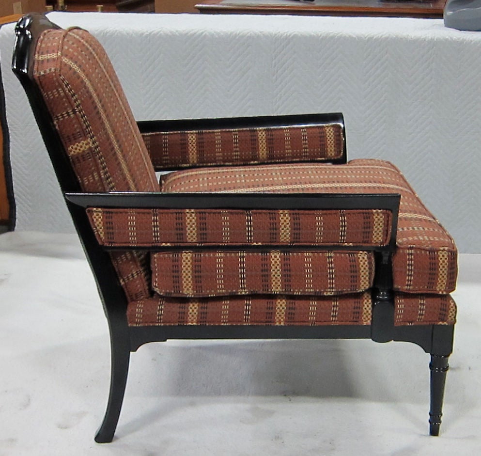 Fantastic pair of Georgian style armchairs, freshly upholstered in luxurious Lee Jofa woven plaid.  The pair have been completely restored and refinished as original