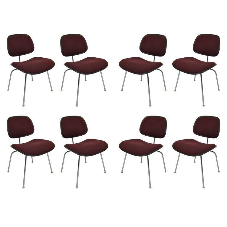 Set of Eight DCM chairs with deep red upholstery