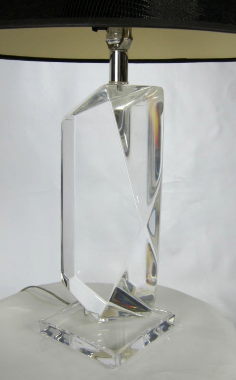 American Thick Faceted Lucite Table Lamp with Black Lizard Shade