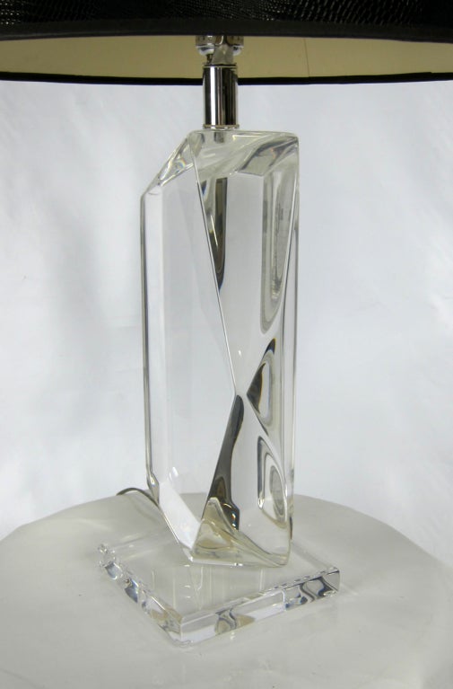 Thick Faceted Lucite Table Lamp with Black Lizard Shade In Excellent Condition In Danville, CA