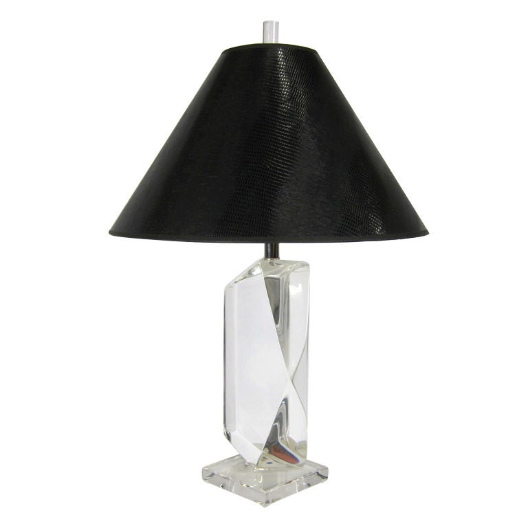 Thick Faceted Lucite Table Lamp with Black Lizard Shade
