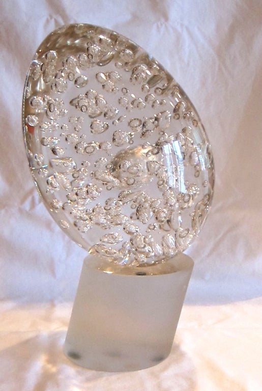 Massive Egg form sculpture of clear Murano Glass with bubbles on a frosted glass plinth