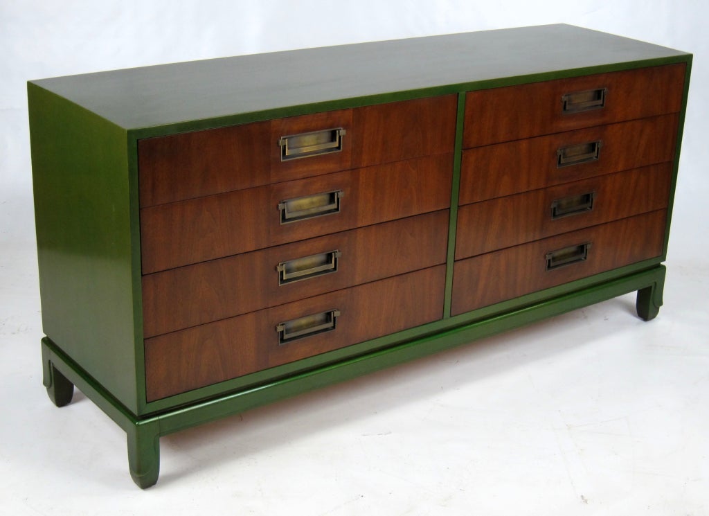 Fantastic Dresser with green lacquer cabinet and Walnut Drawerfronts by Heritage.  The dresser features sculpted legs and brass hardware, clearly influence by the earlier work of Dorothy Draper.
