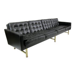 Sleek Tufted Leather Sofa with Brass Base by Harvey Probber