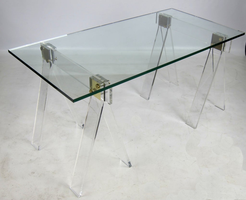 American Lucite and Brass Saw Horse Desk or Table