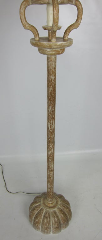 Cerused Oak floor lamp on Melon form base with brass double cluster.