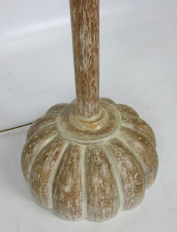 American Cerused Wood Floor Lamp with Melon form Base For Sale