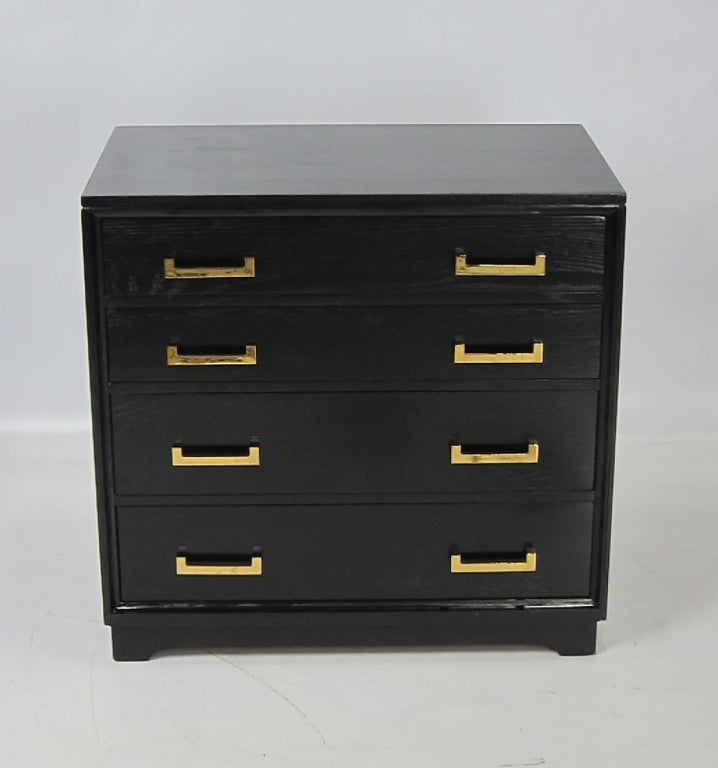 A beautiful pair of solid Oak Bachelor's Chests with polished brass pulls, refinished in black lacquer