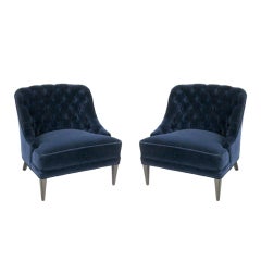 Pair of Navy Blue Velvet Tufted Back Lounge Chairs