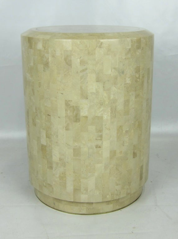 Tesselated Coral Veneer Drum Table with Inlayed Brass Trim.