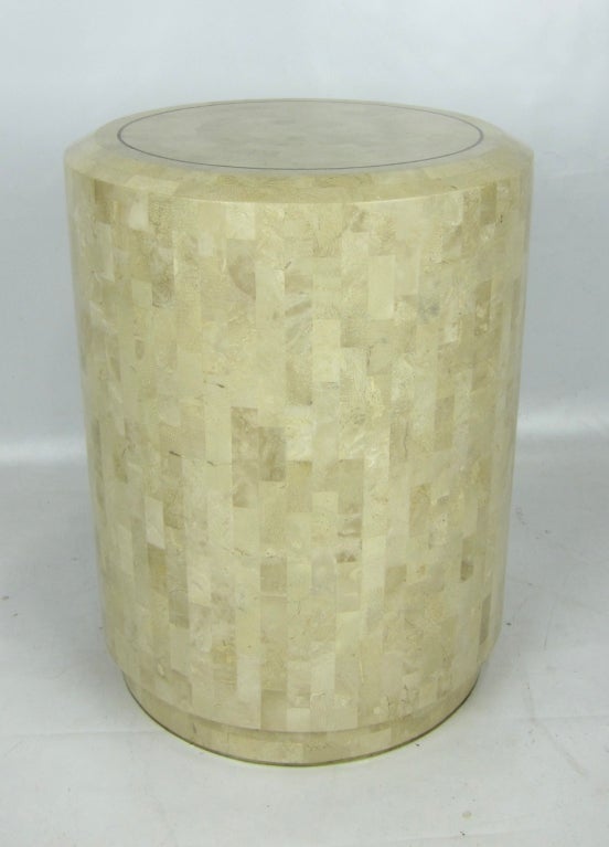 American Tesselated Fossilized Coral & Brass Drum Table For Sale
