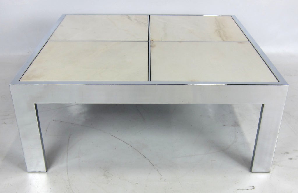 Large Chrome Coffee Table with Quartered inset Crema Marble Top attributed to the Pace Collection.