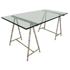 Vintage Maison Jansen Steel & Brass Sawhorse Writing Table