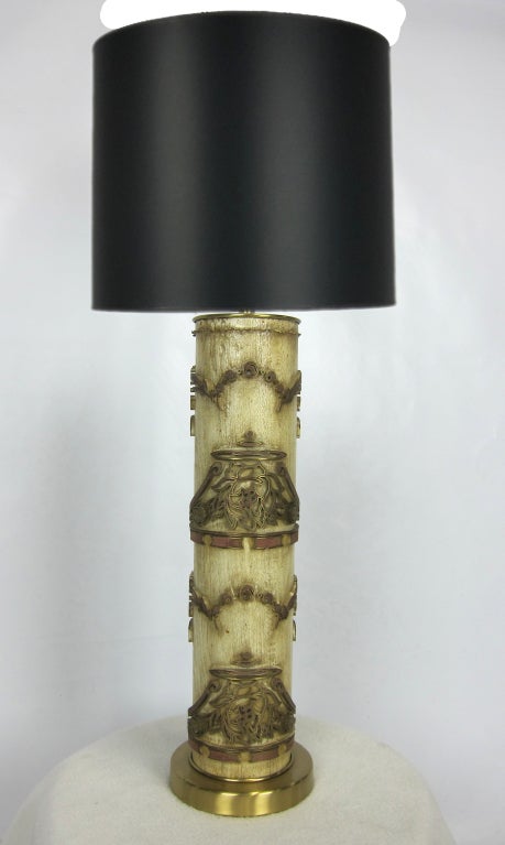 Hand painted and antiqued Wallpaper dye table lamp by Marbro Lighting on brass base.  Typically fine Marbro quality.  Shade is for display only and is not included with lamp.  

5