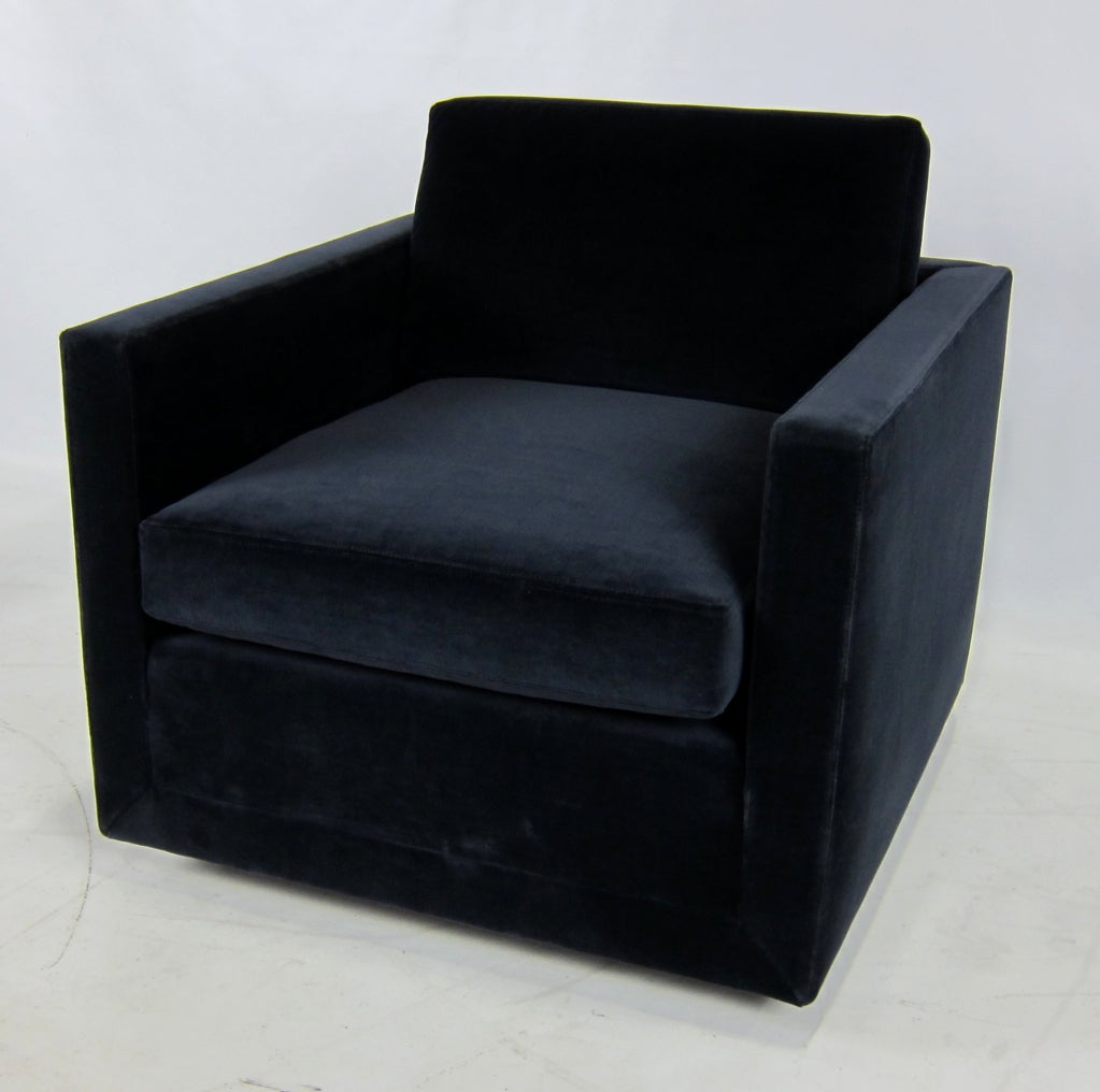 American Pair of Navy Blue Velvet Floating Cube Lounge Chairs