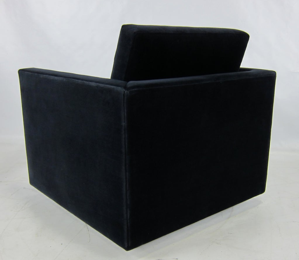 Wood Pair of Navy Blue Velvet Floating Cube Lounge Chairs