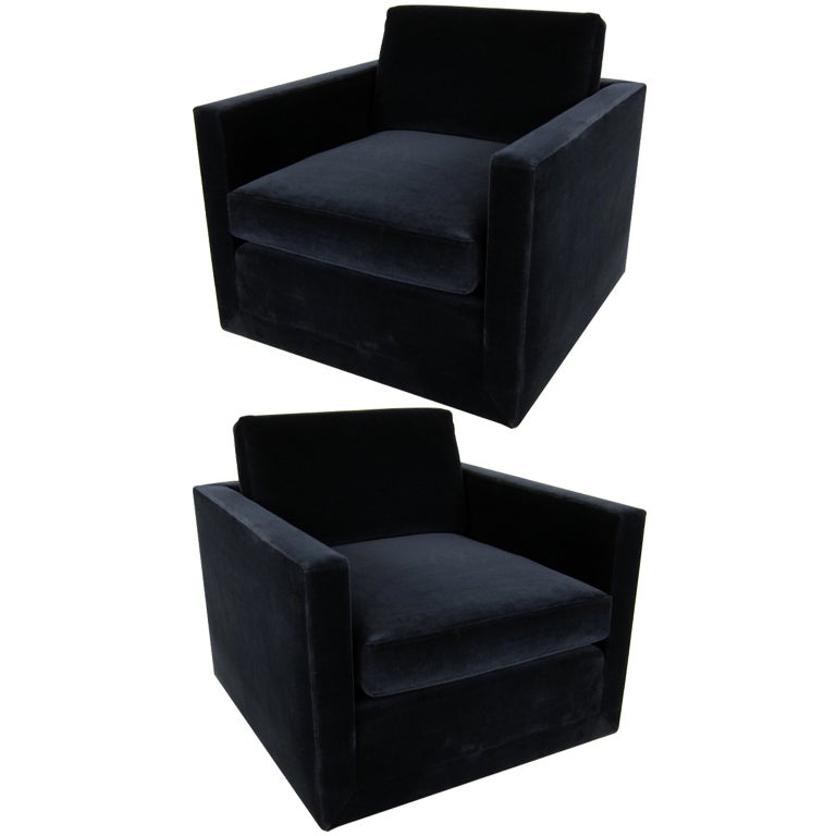 Pair of Navy Blue Velvet Floating Cube Lounge Chairs