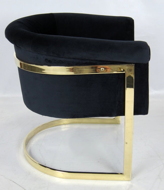American Pair of Brass Milo Baughman Lounge Chairs in Navy Velvet